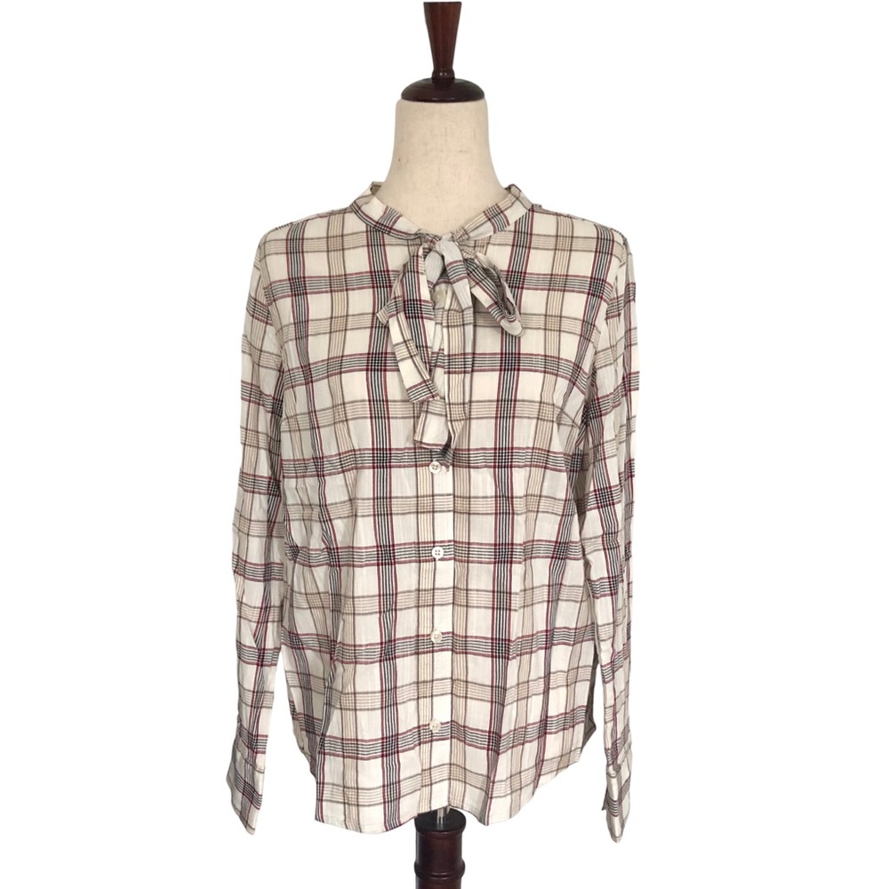 St. John’s Bay Women’s Tie Neck Plaid Button Down Top, Cream Size Small